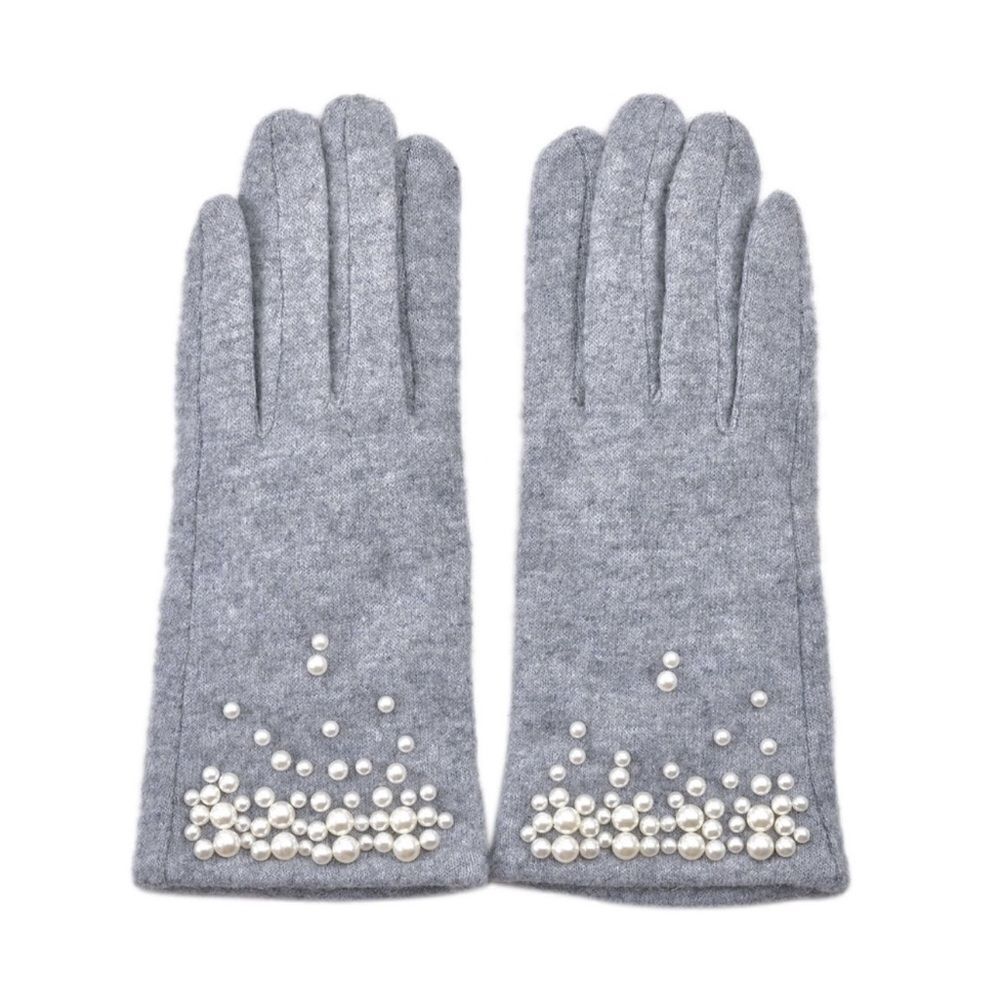 Gray Cashmere Blend Fine Knit Faux Pearl Beaded Fleece Lined E Tip Gloves